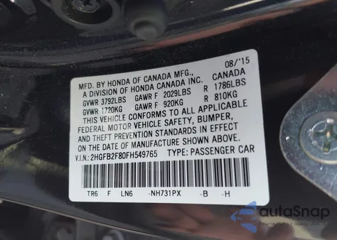 2015 Honda Civic Ex from USA, damaged, VIN 2HGFB2F80FH549765